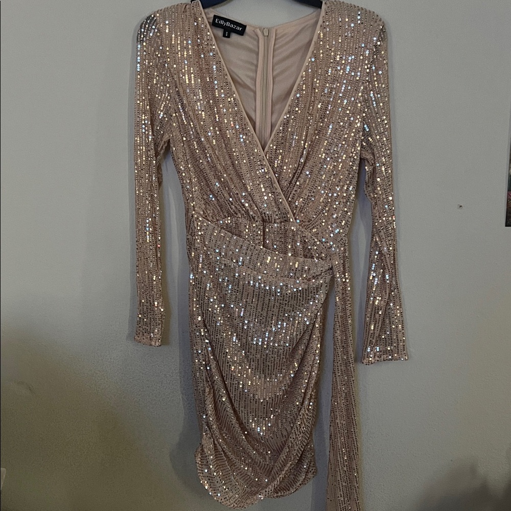 Elegant Sequin Long Sleeve Dress - Champagne